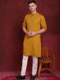 Jompers - Men Mustard Embroidered Sequined Kurta with Pyjama