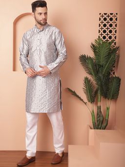 Jompers - Men Grey Embroidered Mirror Work Kurta with Pyjama
