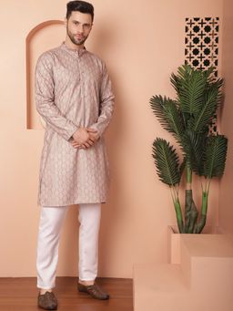 Jompers - Men Peach Floral Foil Printed Kurta with Pyjama