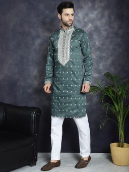 Jompers - Men Olive Embroidered Sequined Kurta with Pyjama