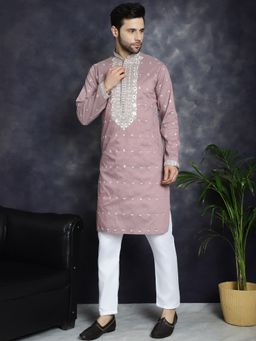 Jompers - Men Dusky Pink Embroidered Sequined Kurta with Pyjama