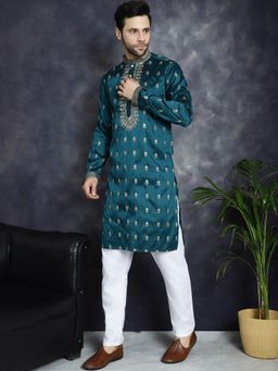 Jompers - Men Teal Floral Embroidered Kurta with Pyjama