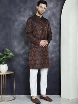 Jompers - Men Rust Silk Blend Woven Kurta with Pyjama