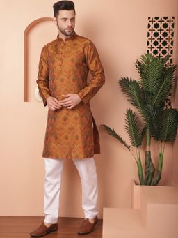 Jompers - Men Mustard Silk Blend Woven Kurta with Pyjama