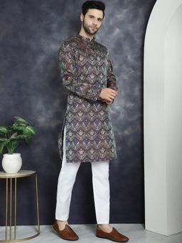 Jompers - Men Purple Silk Blend Woven Kurta with Pyjama