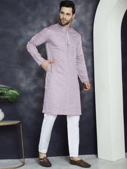 Jompers - Men Lavender Embroidered Sequined Kurta with Pyjama