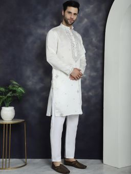 Jompers - Men White Embroidered Mirror Work Kurta with Pyjama