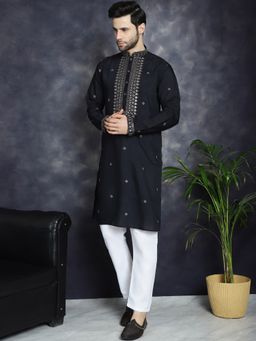 Jompers - Men Black Embroidered Sequined Kurta with Pyjama