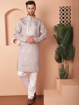 Jompers - Men Grey Embroidered Thread Work Kurta with Pyjama
