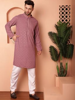 Jompers - Men Rose Pink Embroidered and Sequined Kurta with Pyjama