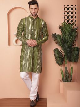 Jompers - Men Olive Embroidered Mirror Work Kurta with Pyjama