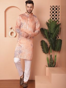 Jompers - Men Peach Tie-Dye Printed Sequined Kurta with Pyjama