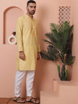 Jompers - Men Light Yellow Foil Printed Kurta with Pyjama