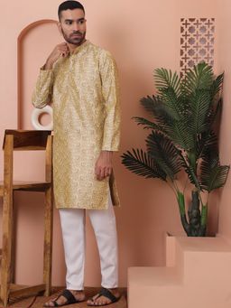 Jompers - Men Gold Silk Blend Paisley Woven Kurta with Pyjama