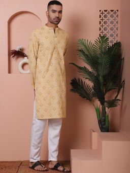 Jompers - Men Yellow Embroidered Sequined Kurta with Pyjama