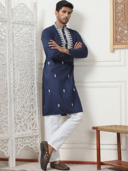 Jompers - Men Navy Blue Embroidered Thread Work Kurta with Pyjama