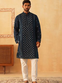 Jompers - Men Teal Embroidered Sequined Kurta with Pyjama