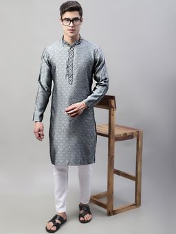 Jompers - Men Grey Woven Embroidered Jacquard Kurta with Pyjama