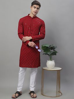Jompers - Men Maroon Embroidered and Sequined Kurta with Pyjama