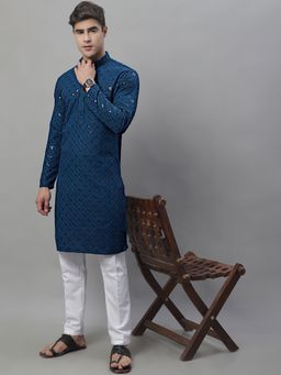 Jompers - Men Peacock Teal Embroidered and Sequined Kurta with Pyjama