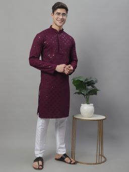 Jompers - Men Wine Embroidered and Sequined Kurta with Pyjama