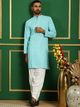 Jompers - Men Blue Embroidered Sequined Kurta with Salwar