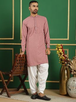 Jompers - Men Rose Pink Embroidered Sequined Kurta with Salwar