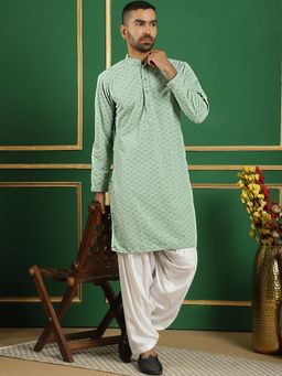 Jompers - Men Pista Green Embroidered Sequined Kurta with Salwar