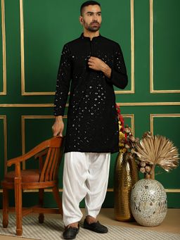 Jompers - Men Black Embroidered Sequined Kurta with Salwar