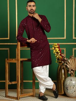 Jompers - Men Maroon Embroidered Sequined Kurta with Salwar