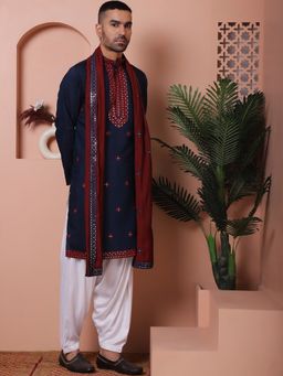 Jompers - Men Navy Blue Embroidered Kurta with Salwar and Dupatta