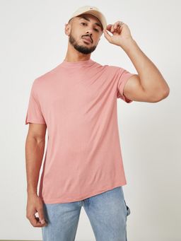 Styli - Pink Ribbed High Neck Oversized Fit T-Shirt