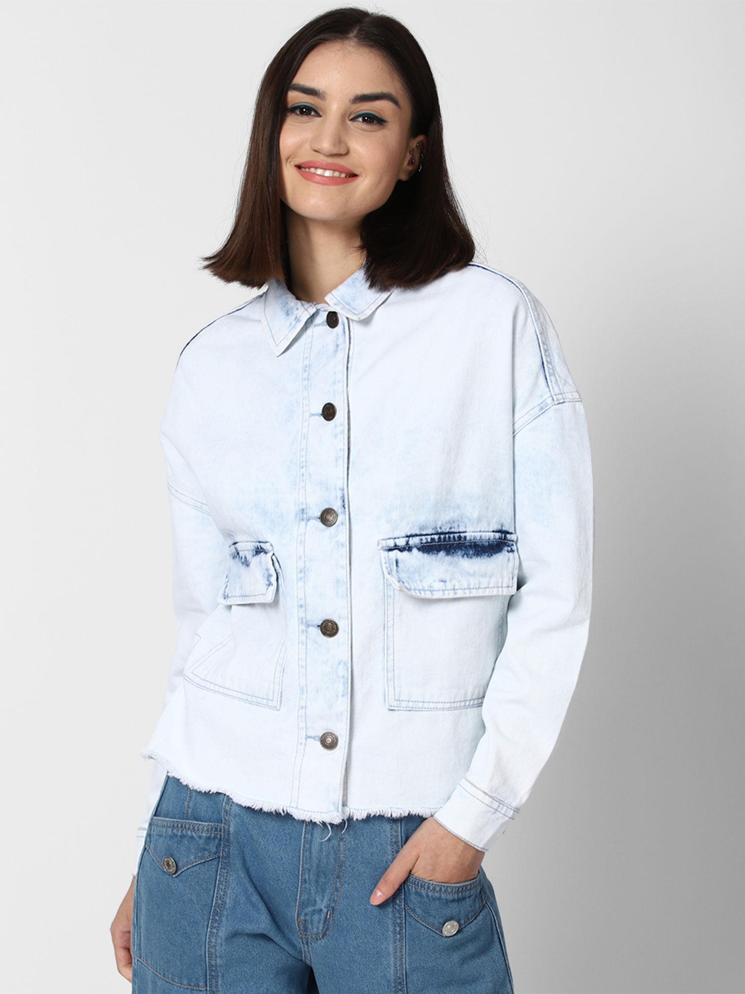 Blue Solid Waist Tie Denim Jacket 