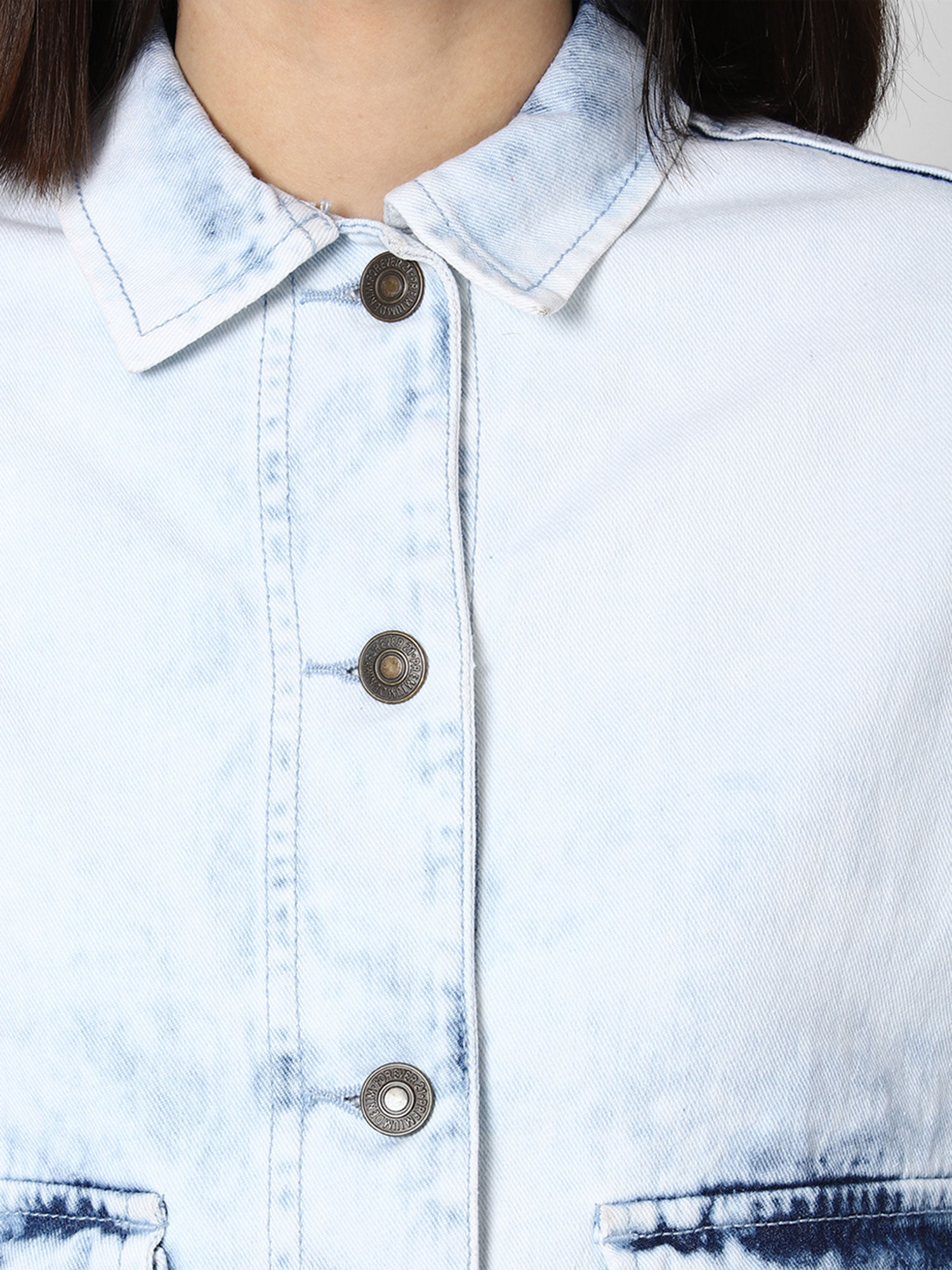 Blue Solid Waist Tie Denim Jacket 