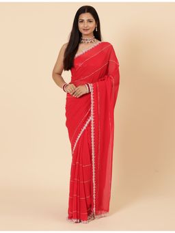 Vervee Couture - Aira Red Georgette Sequined Bugle Beads Handwork Saree with Unstitched Blouse