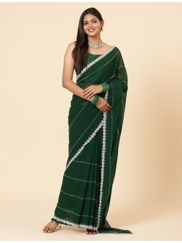 Vervee Couture - Aira Dark Green Georgette Sequined Bugle Beads Handwork Saree with Unstitched Blouse