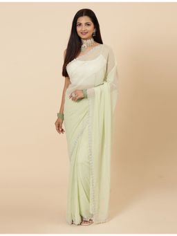 Vervee Couture - Aira Pastel Green Sequined Bugle Beads Handwork Saree with Unstitched Blouse