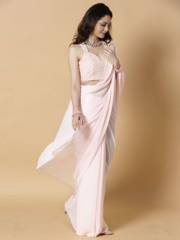 Vervee Couture - Baby Pink Solid Georgette Beads Handwork Saree with Unstitched Blouse