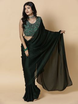Vervee Couture - Bottle Green Solid Georgette Beads Handwork Saree with Unstitched Blouse