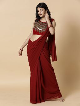 Vervee Couture - Maroon Solid Georgette Beads Handwork Saree with Unstitched Blouse