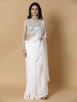 Vervee Couture - White Solid Georgette Beads Handwork Saree with Unstitched Blouse