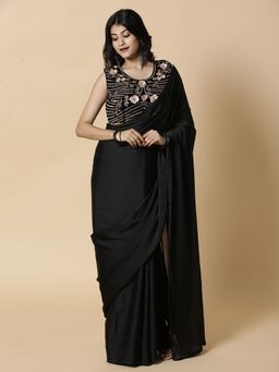 Vervee Couture - Black Solid Georgette Beads Handwork Saree with Unstitched Blouse