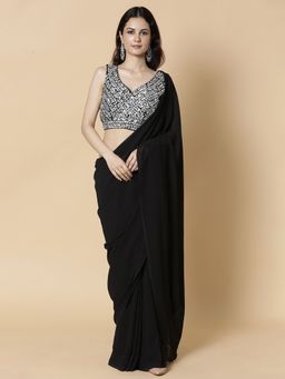 Vervee Couture - Black Solid Stylish Georgette Beads Handwork Saree with Unstitched Blouse