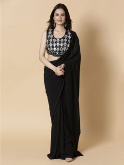 Vervee Couture - Black Solid Georgette Beads- Mirror Handwork Designer Saree with Unstitched Blouse