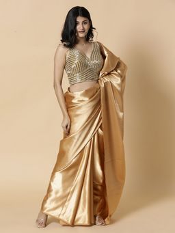 Vervee Couture - Golden Solid Georgette Beads Handwork Designer Saree with Unstitched Blouse