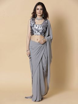 Vervee Couture - Grey Solid Georgette Embellished Designer Saree with Unstitched Blouse