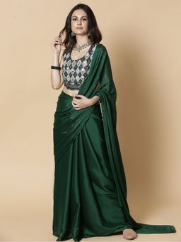 Vervee Couture - Dark Green Solid Georgette Beads Mirror Work Designer Saree with Unstitched Blouse