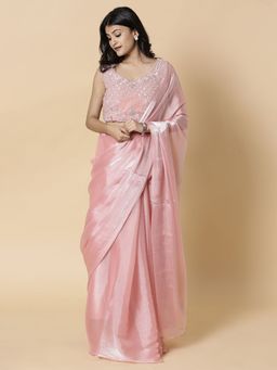 Vervee Couture - Light Pink Solid Beads Handwork Saree with Unstitched Blouse