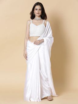 Vervee Couture - White Solid Beads Handwork Designer Saree with Unstitched Blouse