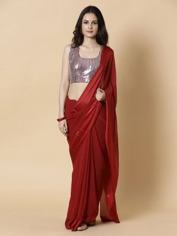 Vervee Couture - Dark Red Solid Georgette Embellished Designer Saree with Unstitched Blouse